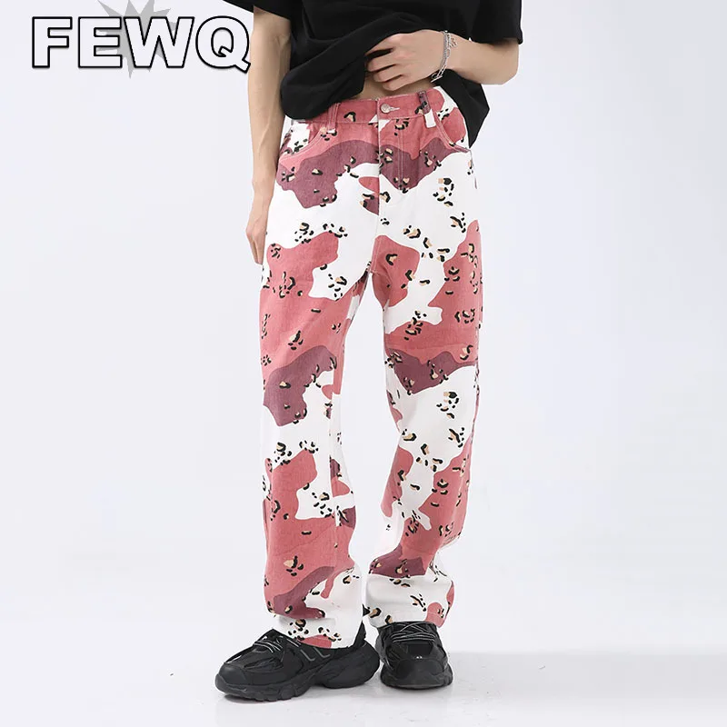 

FEWQ Printing Stitching Color Men's Jeans Male High Street Denim Trousers Wide Leg Straight Pant Niche Design Trendy New 24B3129