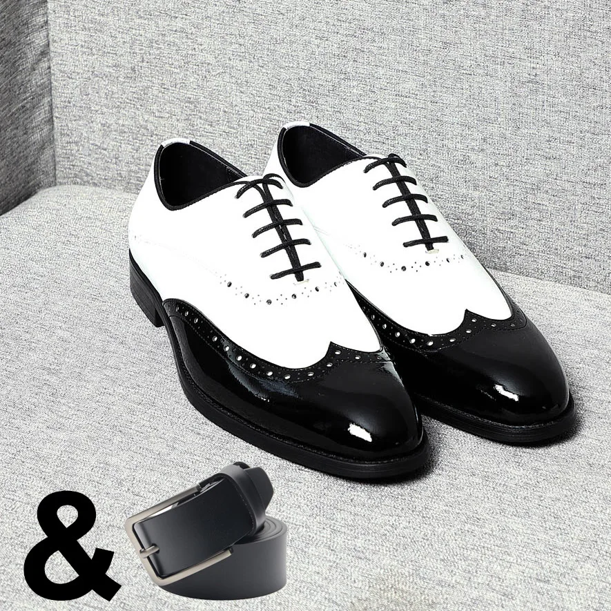 

Elegant Man Dress Shoes White Black Genuine Leather Oxfords Wedding Party Social Shoes Male Wingtip Brogue Oxford Shoes for Men