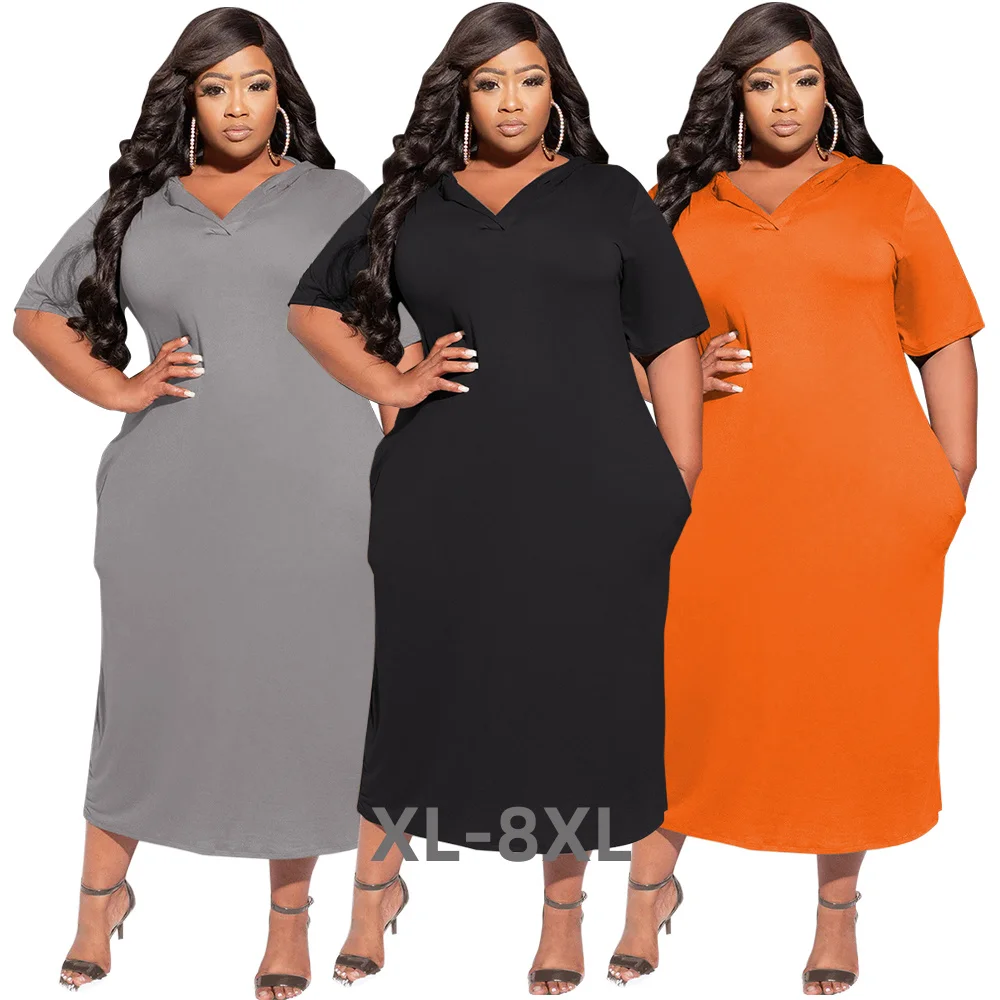 Plus Size Hooded Women Casual Dress Holes Backles Short Sleeves Loose t Shirt Dresses 4xl 5xl Summer Who 3xl 4xl 5xl 6xl