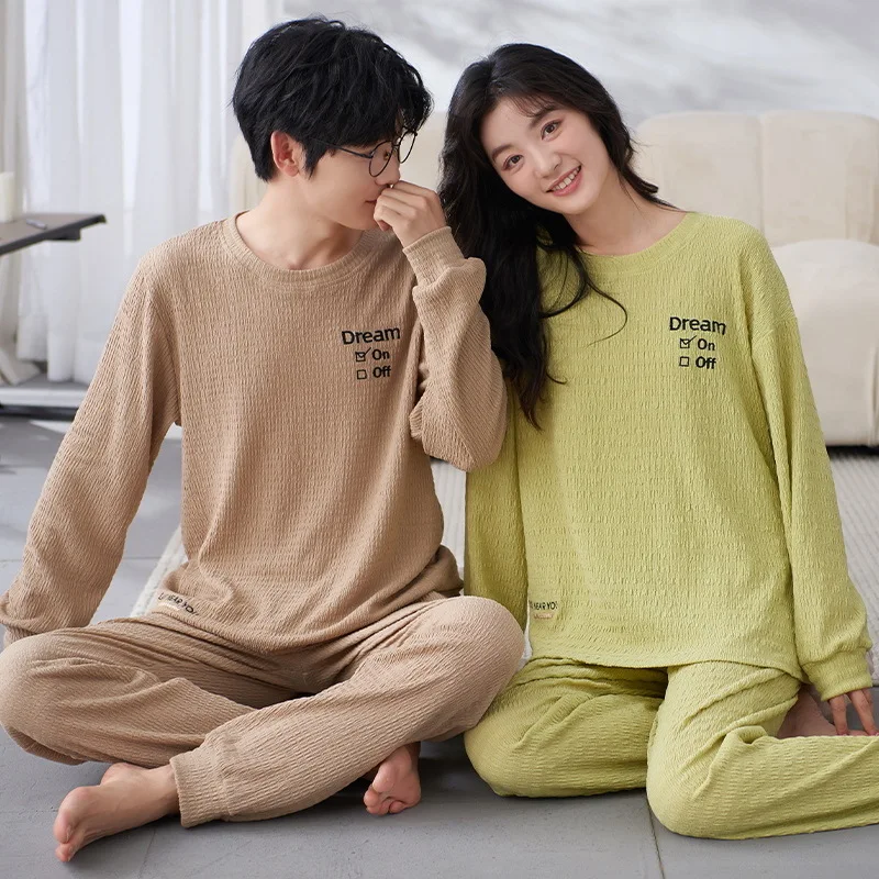 Spring Summer Couples Pajama Knitted Cotton Sleepwear Casual O Neck Loungewear Plaid Pijamas Pants Comfortable Pajamas for Men