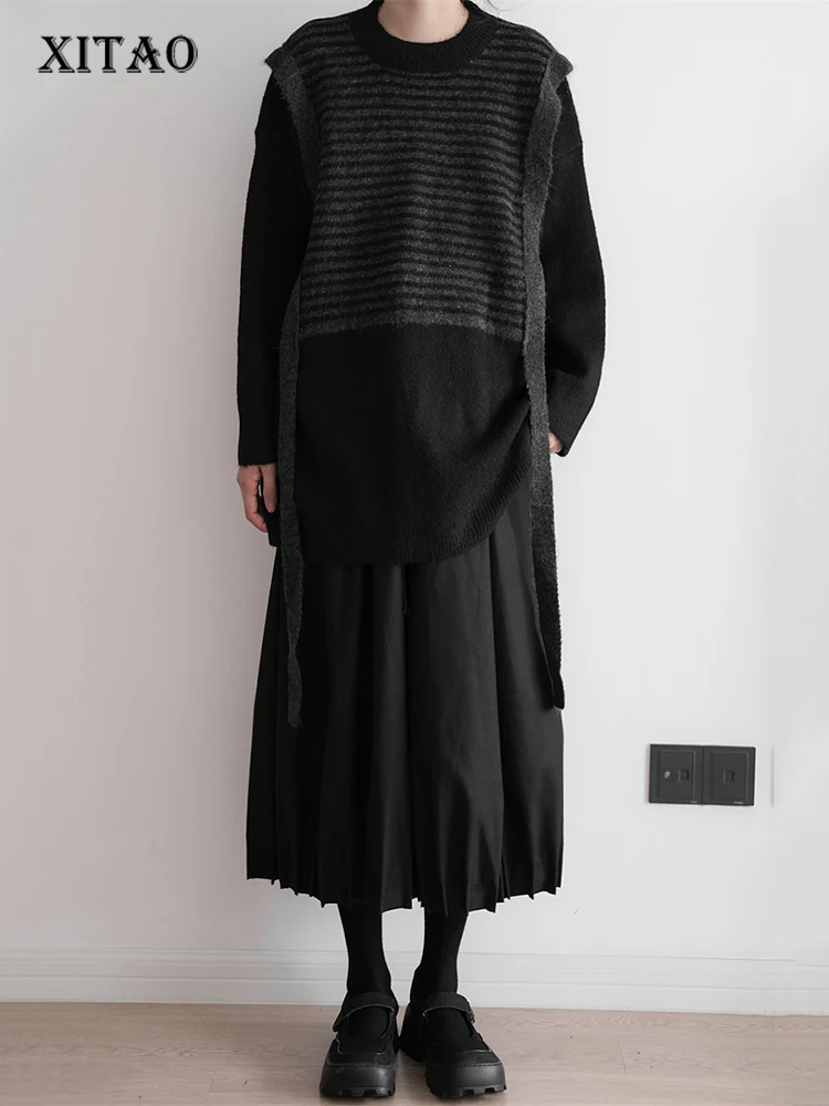 

XITAO False Two Pieces Sets Pullover Sweater Fashion Loose Loose Striped Knitting Women Top Autumn Causal All-match Top WLD9031