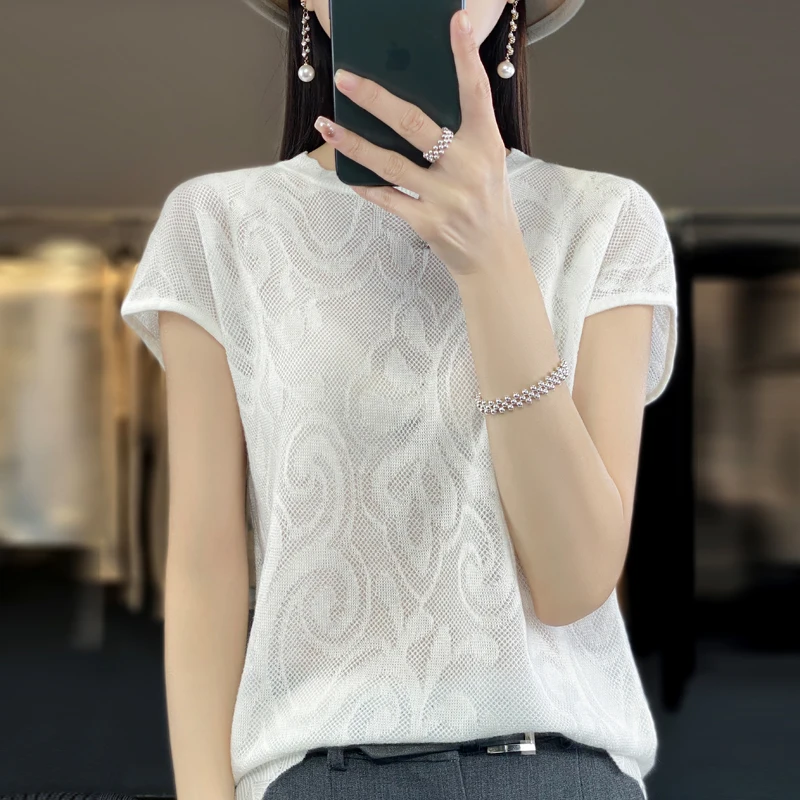 

2023 Summer Wool Short Sleeve Knitted Shirt Women's Round Neck High Grade Lace Bottom Shirt Thin Hollow Vintage Jacquard T-shirt