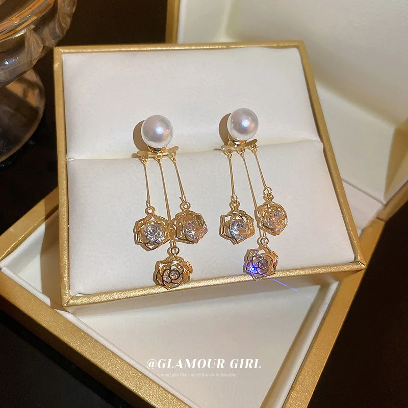 

Vintage Pearl Drop Earrings Tassel Flower Pendant Korean Fashion Dangler Women Party Custom Gifts for Friends Wedding Jewelry
