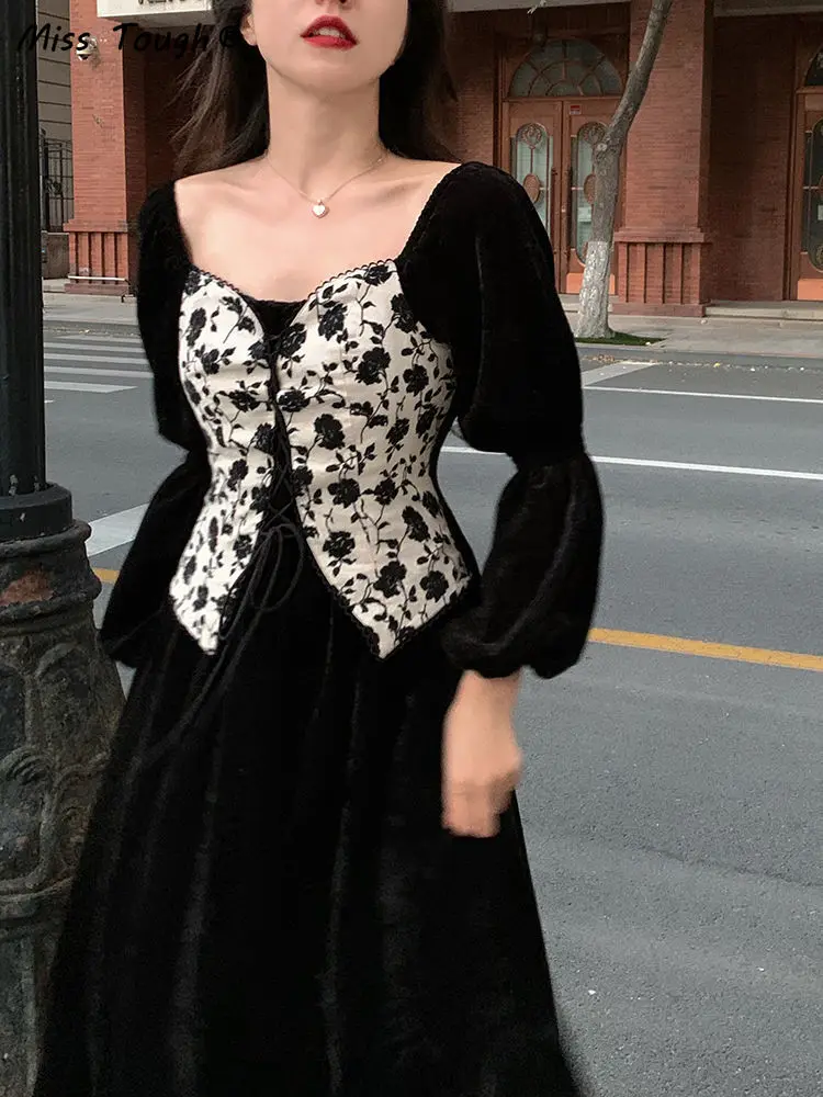 

Винтажное французское платье с цветочным принтом, черные элегантные вечерние праздничные платья-миди, женское бархатное Ретро корейское м...