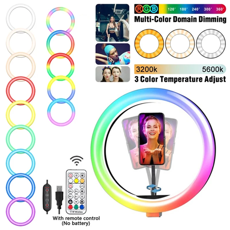 

Кольцевой светодиодный светильник для селфи, лампа с дистанционным управлением и подставкой для телефона, 33 см, RGB, для Youtube, TikTok