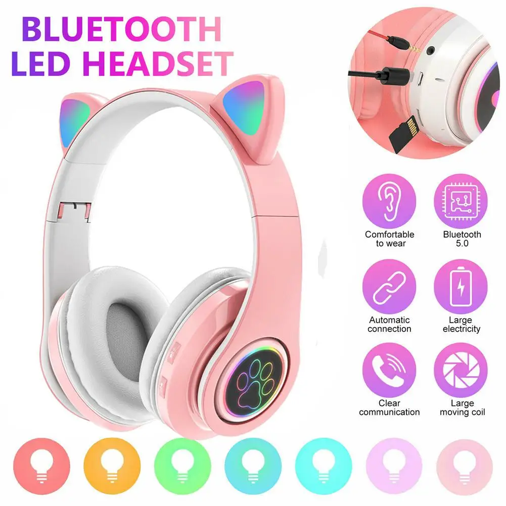 Cat Ear Bluetooth-compatible Headphones Led Light Wireless Earphone With Microphone Gifts For Kids Girls