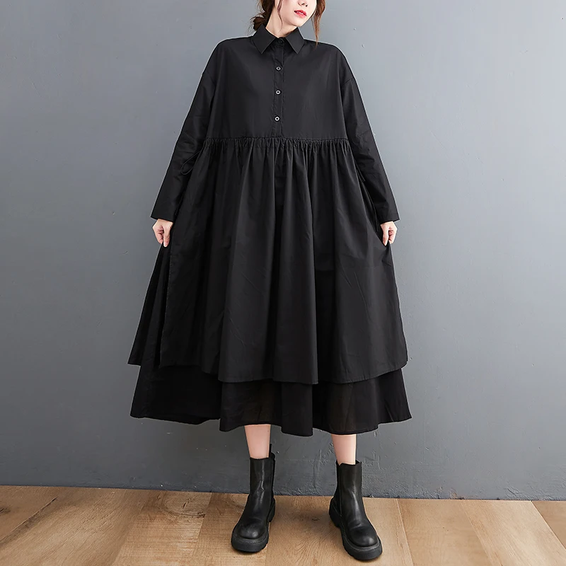 

Japanese Style Patchwork Black Plaid Street Fashion Women Casual Autumn Blouse Dress Office Lady Work Dress Spring Midi Dress