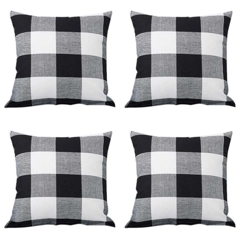 

Set Of 4 Farmhouse Buffalo Check Plaid Throw Pillow Covers Cushion Case Cotton Linen For Fall Home Decor Black And White