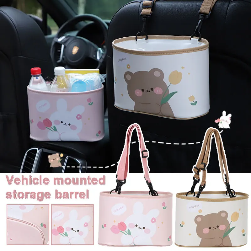 

Pink Cute Cartoon Car Organizer Seat Back Hanging Bag Bucket Waterproof Leather Storage Box Leakproof Cup Holder Car Accessories