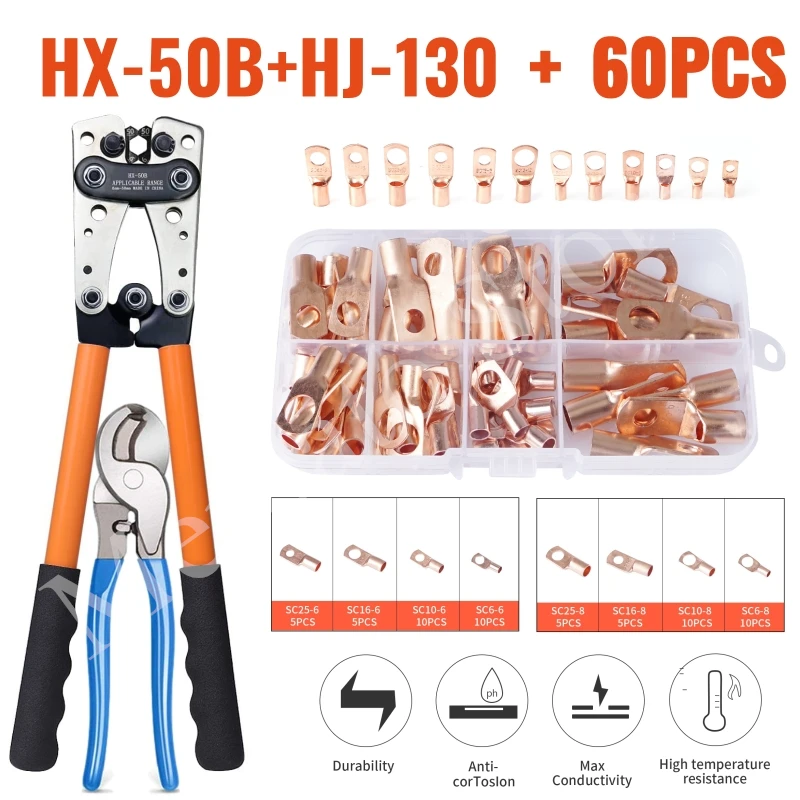 

HX-50B Crimping Plier 6-50mm AWG 1-10 Cat Auto Copper Ring Bare Cable Battery Terminals Lug Crimping tool Cable Terminal Plier