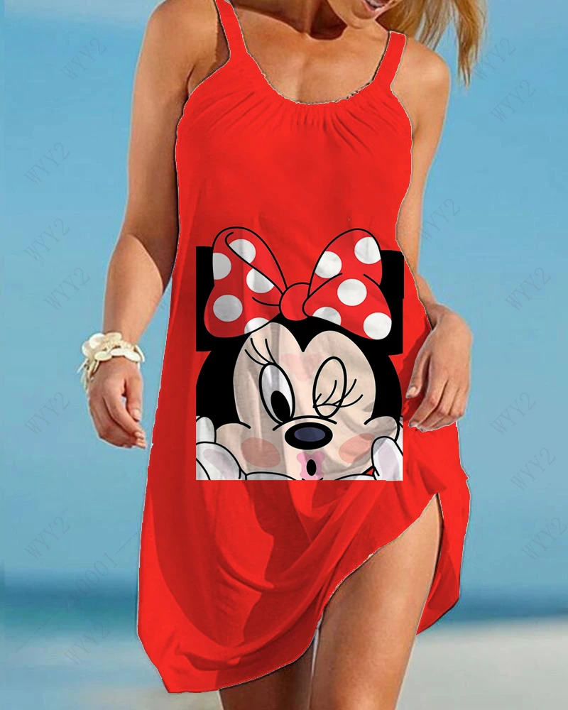 disney minnie mouse womens dress vintage woman beach dress sling midi sleeveless dress boho brand streetwear night dress hot free global shipping