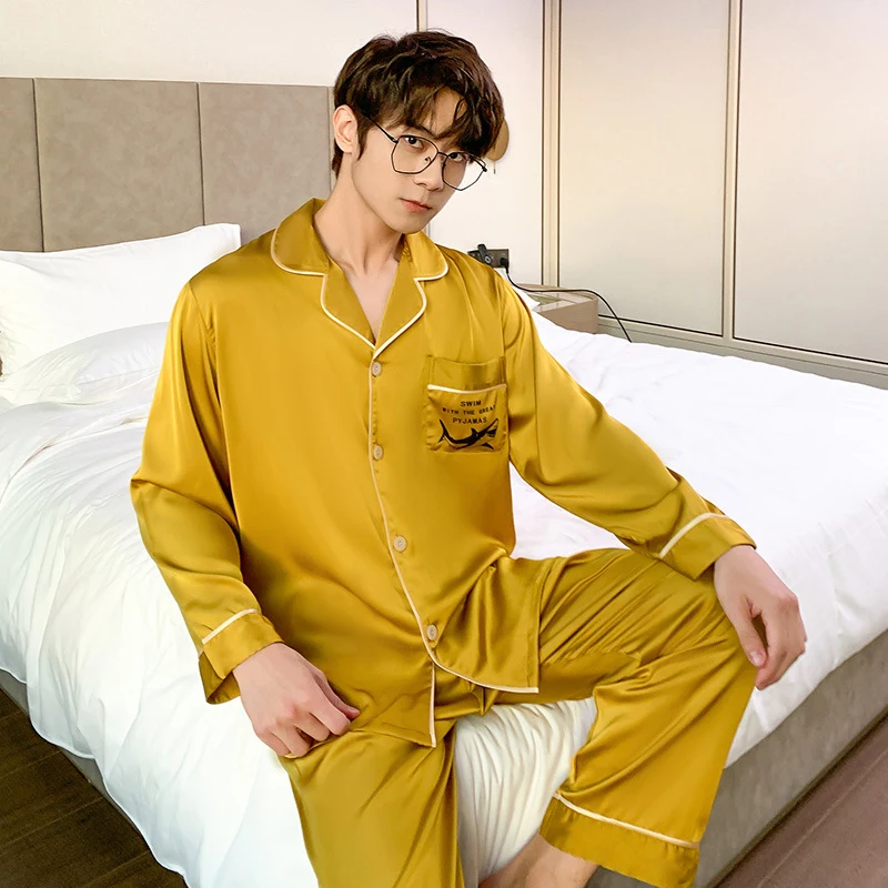 Men's Pajama Set Spring Satin Man Pajamas Set Lapel Buttons Sleepwear Long Sleeve Silk Pajamas for Men Top Pant Leisure