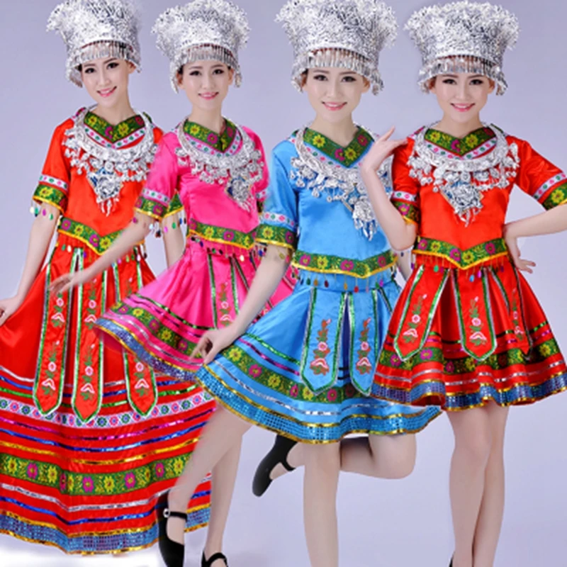 

New Miao skirt women's dress, ethnic minority performance dress, Tujia dance dress, Zhuang dress, long Miao performance dress