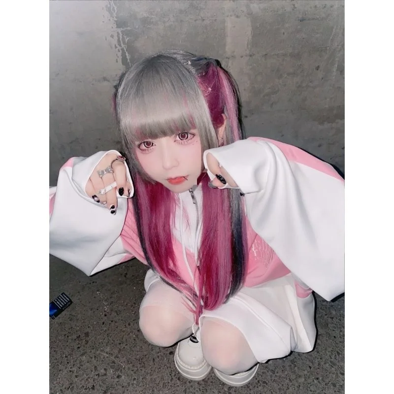 

Женское пальто с капюшоном в японском стиле Харадзюку, осенне-зимняя повседневная Милая комбинированная одежда на молнии в стиле готический панк, уличная одежда, Женский Топ