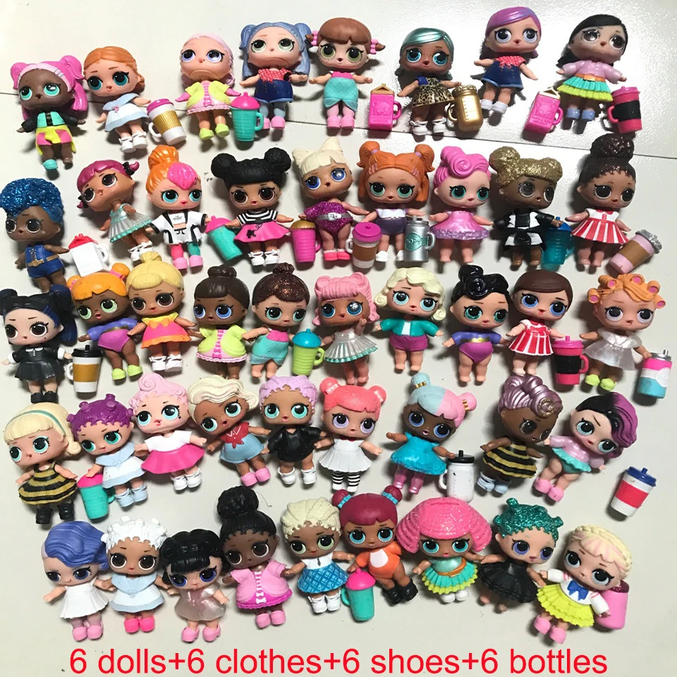 

6 Dolls + 6 Clothes + 6 Shoes + 6 Bottles Sets Random LOL surprise dolls 8cm Big Girl Sister Doll for Kids Playing Lols Toy Gift