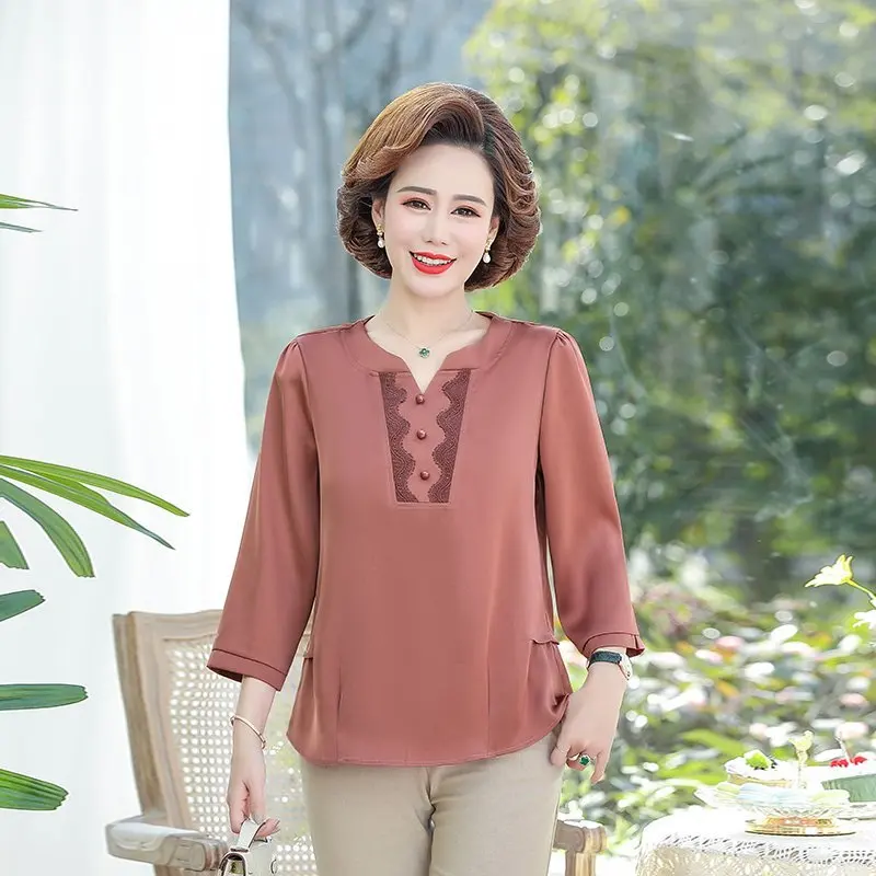 Women 3/4 Sleeve  Thin Shirts Shirt OL Clothes Plain Casual Button Blouse Office Lady Summer Soft satin Shirts images - 6