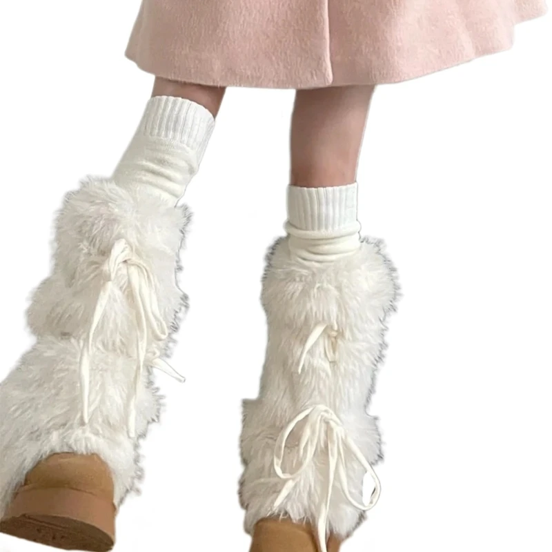 JK Girls Boot Cuffs гетры женские зимние теплые Harajuku милая лента с бантом пушистый плюшевый мех белые длинные носки (art.: 3920ca337a13b) - 3920ca337a13b