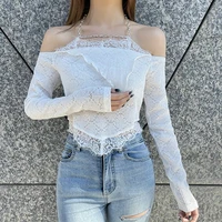 spring new female slim fashion chain one shoulder hanging neck long sleeved umbilical t shirt sexy casual solid color strapless