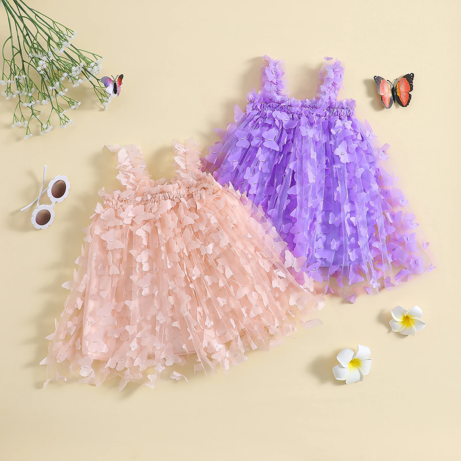 

SUNSIOM Toddler Kids Baby Girls Dress 3D Butterfly Flower Solid Color Sleeveless Sling Dress Summer Sweet Casual Princess Dress