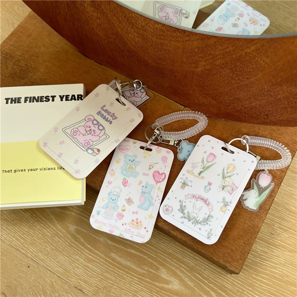 Cartoon Tulip Lucky Bear Ins Photocard Holder Keychain Kpop Students Card Protectors Pink ID Bank Cards Cover School Stationery