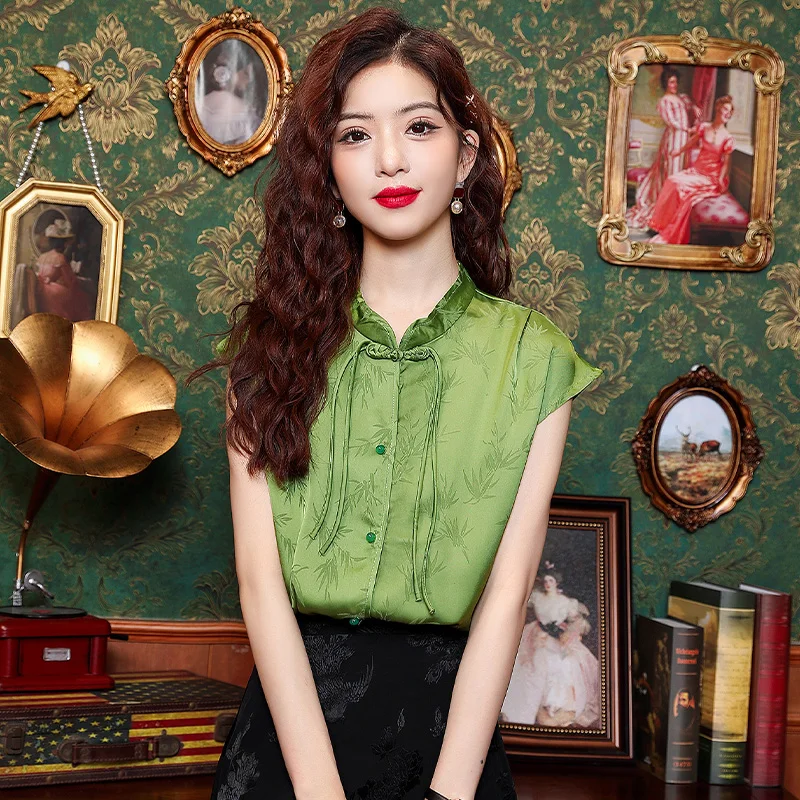 Новая женская рубашка с коротким рукавом и воротником-стойкой шифоновая в