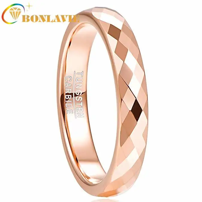 

BONLAVIE 4mm Tungsten Carbide Ring Hammered Finish Rose Gold Wedding Band for Women Comfort Fit Rings Engagement Jewelry