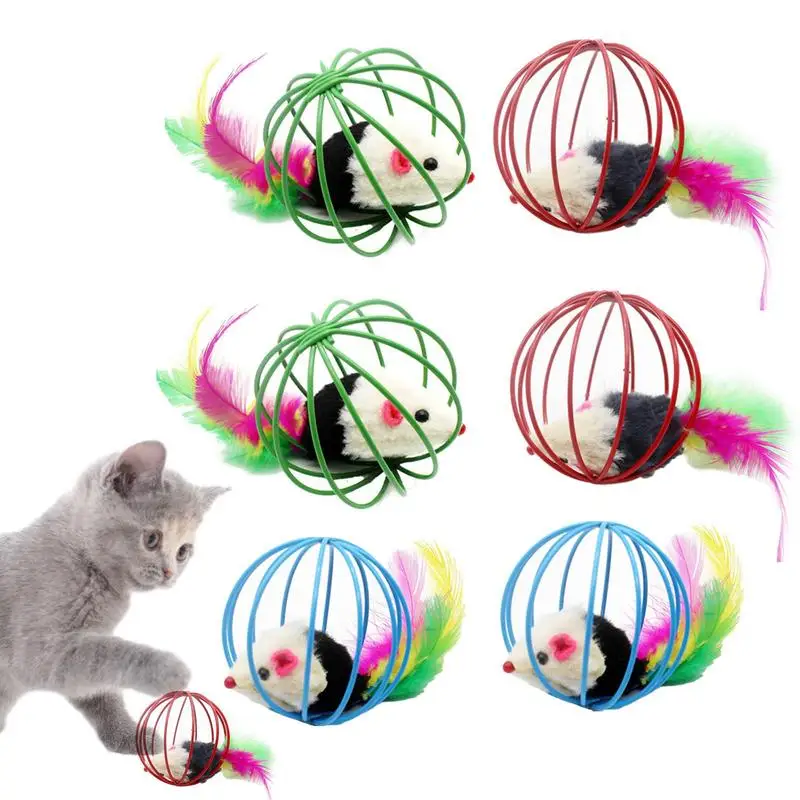Pet Cat Toy Wire Cage Rainbow Ball With Mouse Inside Telescopic Wire Interactive Stick Bell Feather Dogs Cats Toy Pet Supplies