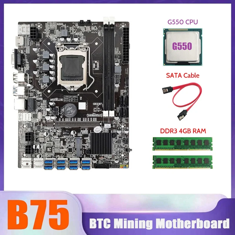 

B75 BTC Mining Motherboard 8XUSB+G550 CPU+2XDDR3 4G RAM+SATA Cable LGA1155 B75 USB Miner Motherboard