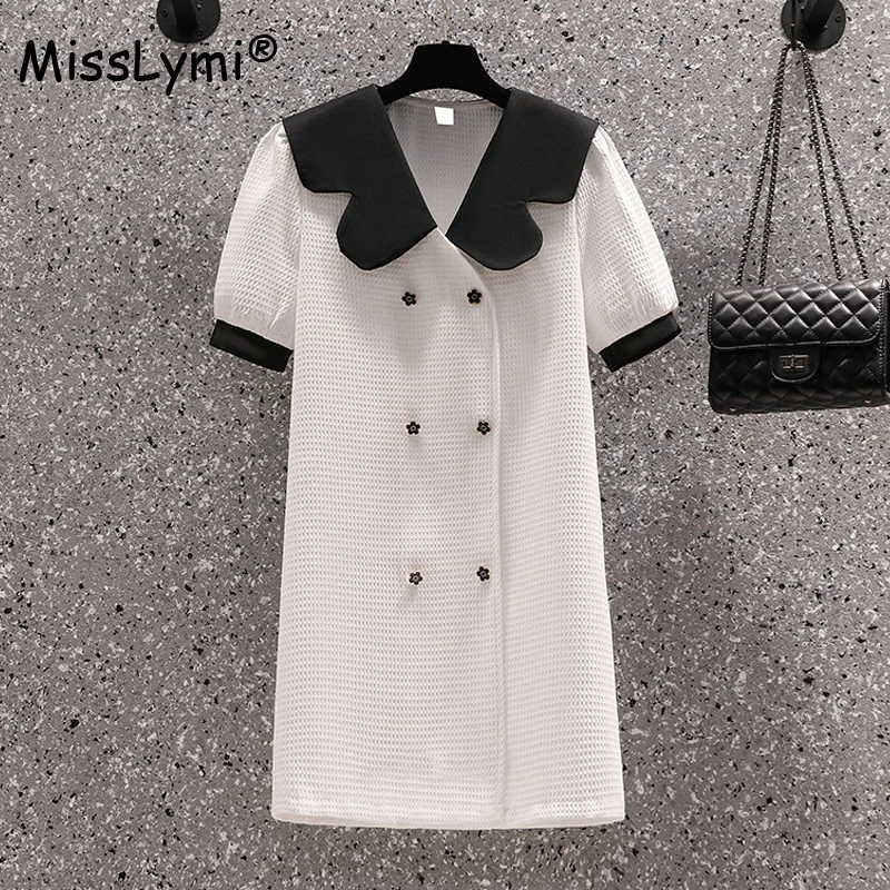 

Женское платье с воротником «Питер Пэн», белое свободное двубортное платье-мини в стиле пэчворк с цветочным принтом, большие размеры, лето ...