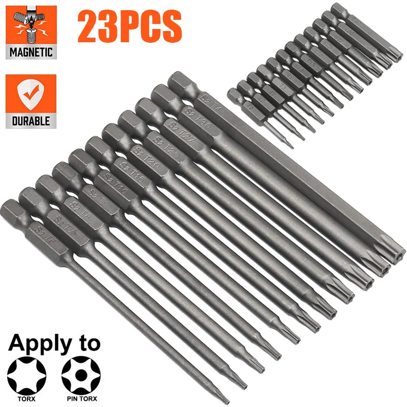 

23Pcs Torx Screwdriver Bit Set 6.35mm Hex Security Magnetic Flat Head Screw Driver Bits For Electric Power Drill Screwdriver