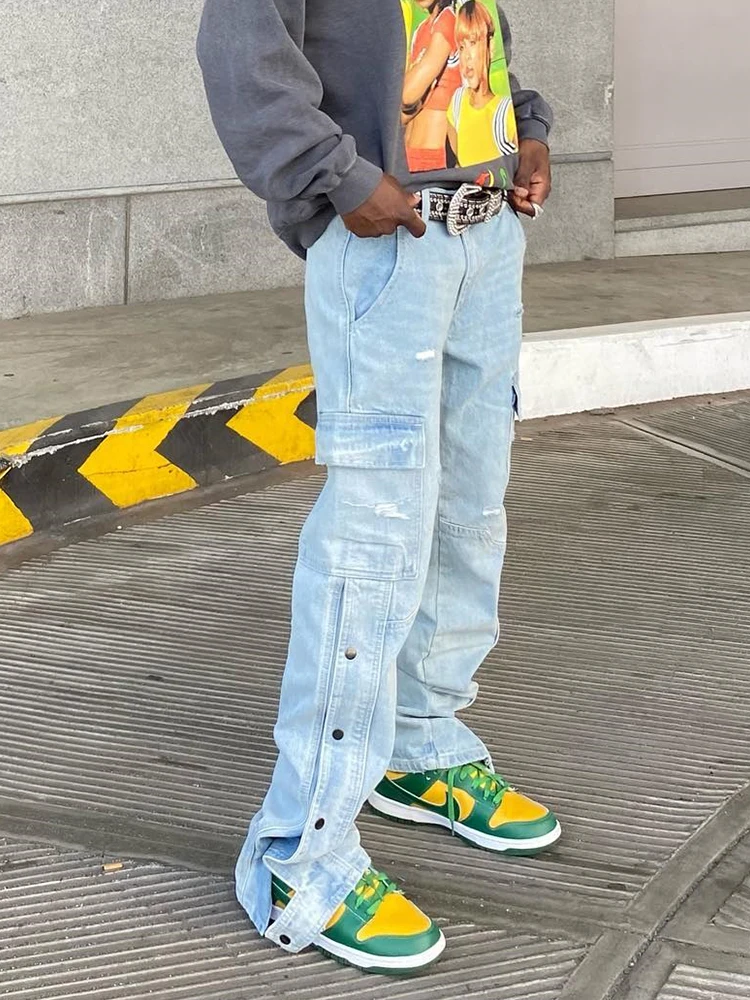 New Trendy Men's Cargo Pants Distressed Cotton Denim Trousers Pantalone Hombre Split Button Up Straight Blue Ripped Cargo Jeans