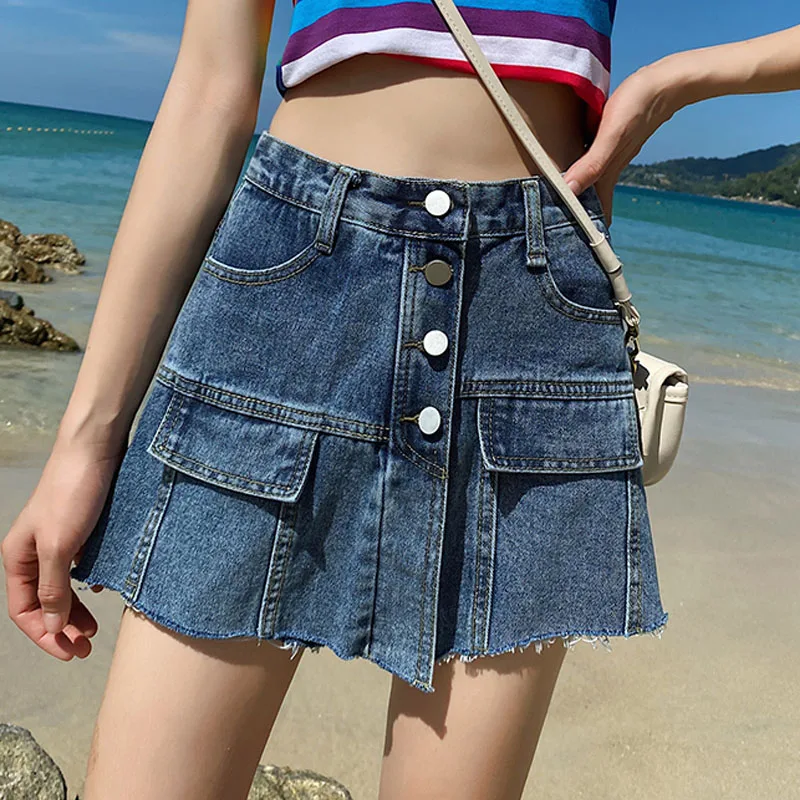 

Женская джинсовая юбка в стиле пэчворк, черная или синяя однобортная Короткая свободная юбка с карманами, в Корейском стиле, Повседневная трапециевидная юбка на лето