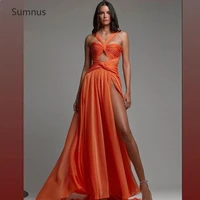 sumnus orange sexy organza prom dresses 2022 high side slit floor length pleat sleeveless long evening dresses robes de soir%c3%a9e