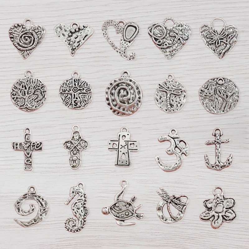 

20 x Pieces Hammered Heart Spiral Swirl Round Cross Charms Pendants Beads for DIY Bracelet Necklace Jewelry Making Findings