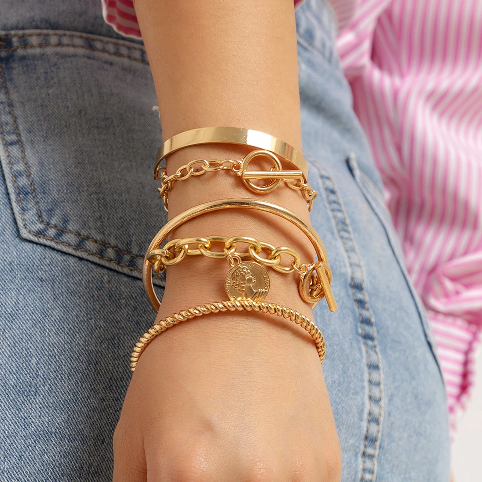 

5Pcs/Set Punk Geometric Link Chain Bracelet Set Women Gold Color Coin OT Buckle Lariat Pendant Open Cuff Bangles Couple Jewelry