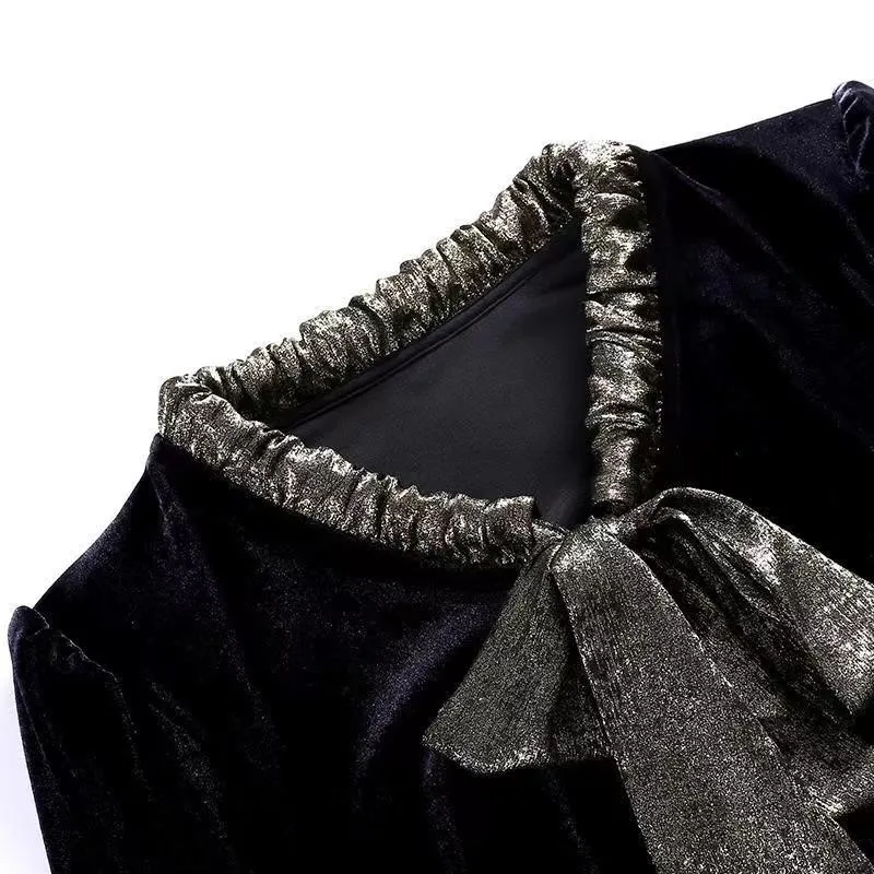 Женская бархатная блузка с длинным рукавом и бантом на воротнике