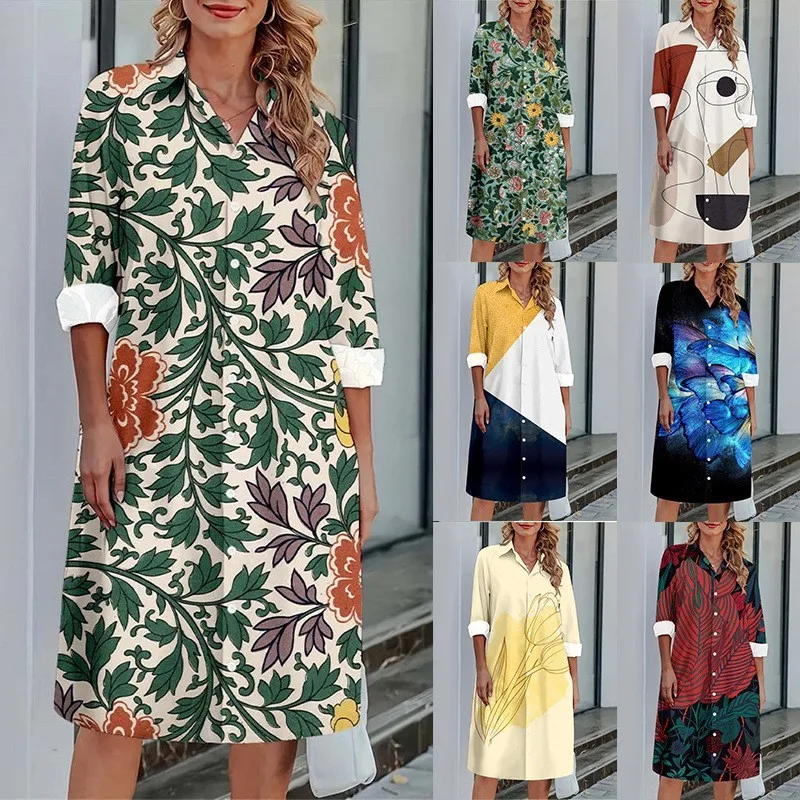 

Women's Elegant Shirt Dress Autumn Print Long Sleeve Casual Office Lady Loose Button Midi Spring Streetwear Dresses For Women