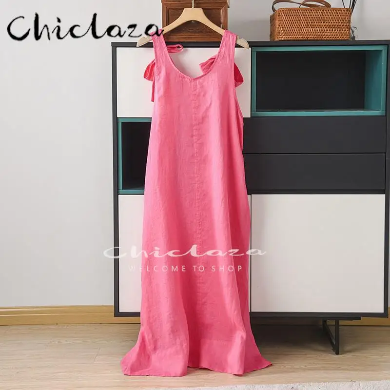 

CHICLAZA 2022 Summer Woman Pink Sleeveless Dress Female Leisure Butterfly Knot Lace-up Suspender Dresses
