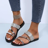 large size flat bottom sandals light round head one line rhinestone slippers breathable casual womens shoes 2022 spring new