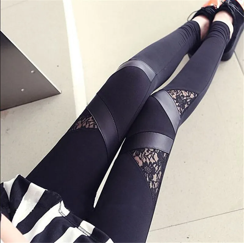 

Spring Autumn Leather workout Leggings Hot Charming Warm Cheap Lace legins Sexy PU Leggins Skinny Stretch Splicing Pants