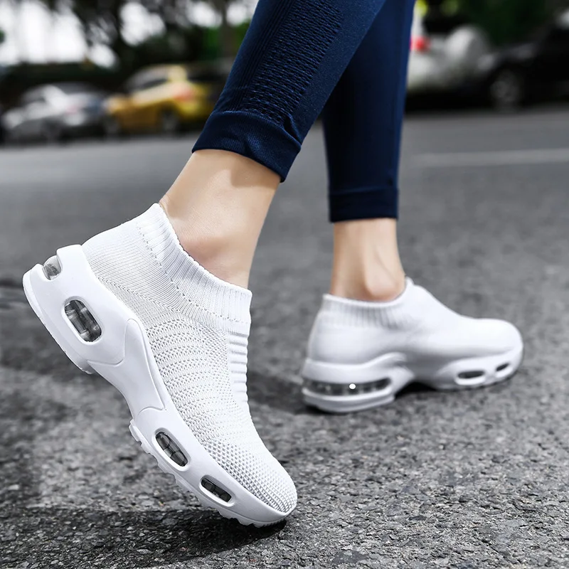 

Ladies Sports Shoes Flat Knitted Breathable Solid Color Round Air Cushion Non-slip Large Size Casual