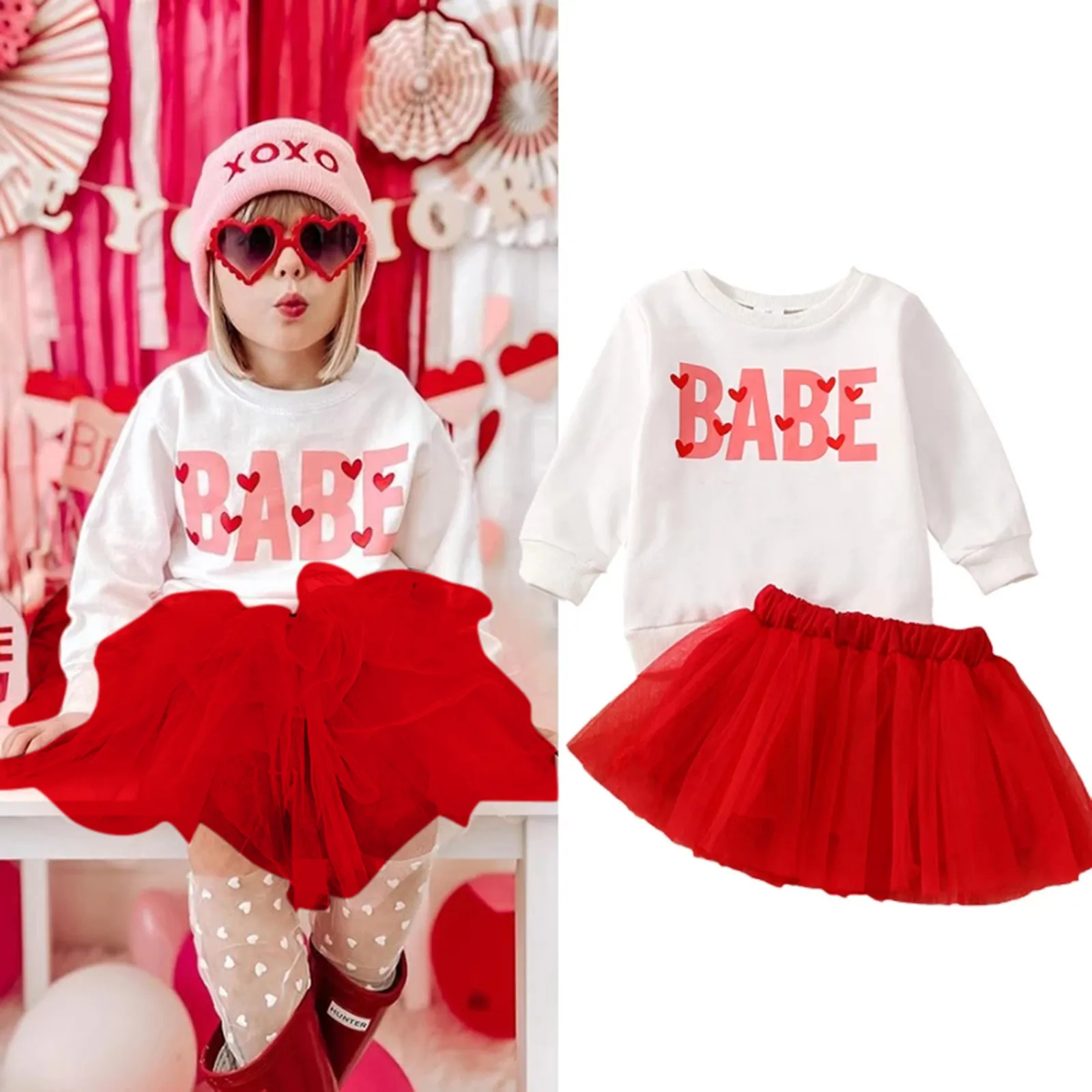 

Fashion Baby Girls Clothes Sets Toddler Kids Heart Letter Print Long Sleeve Sweatshirt Tops Tulle Tutu Skirts 2Pcs Xmas Outfits