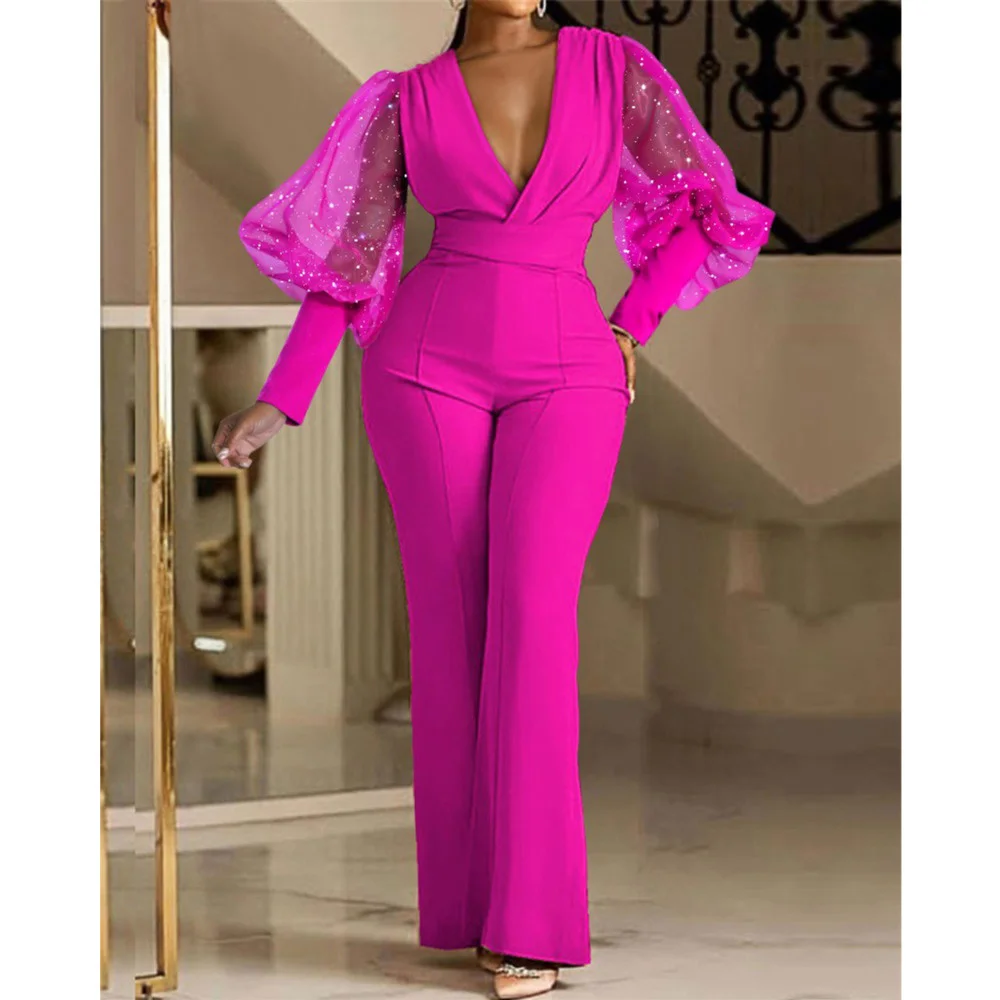 

Women's V-neck Commuter Jumpsuit Women's Fashion Solid Color Pleated Slim Long Sleeve V-neck Mesh Splicing Jumpsuit Women