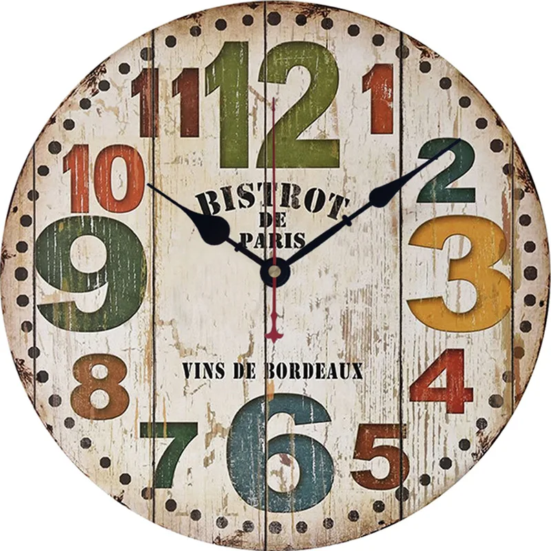 

Antique Wooden Creative retro Wall Clock European Artistic Style Round Colorful Rustic Kitchen Clock Home Decorative Wall Clock