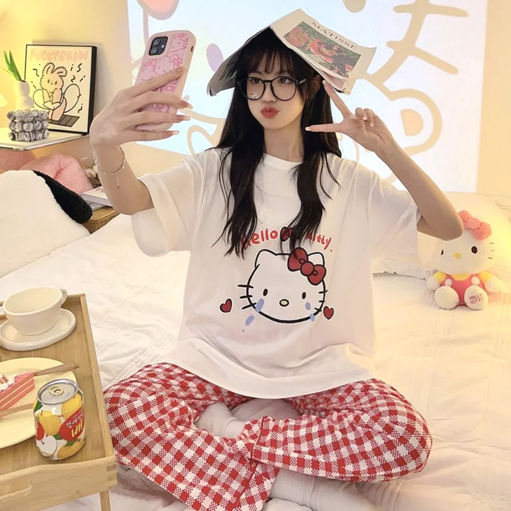 

Kawaii Sanrio Hello Kitty Pajamas Sets Anime Homewear Summer 2 Pieces Short Sleeve Long Pants Pijama Suit Girl Casual Sleepwear