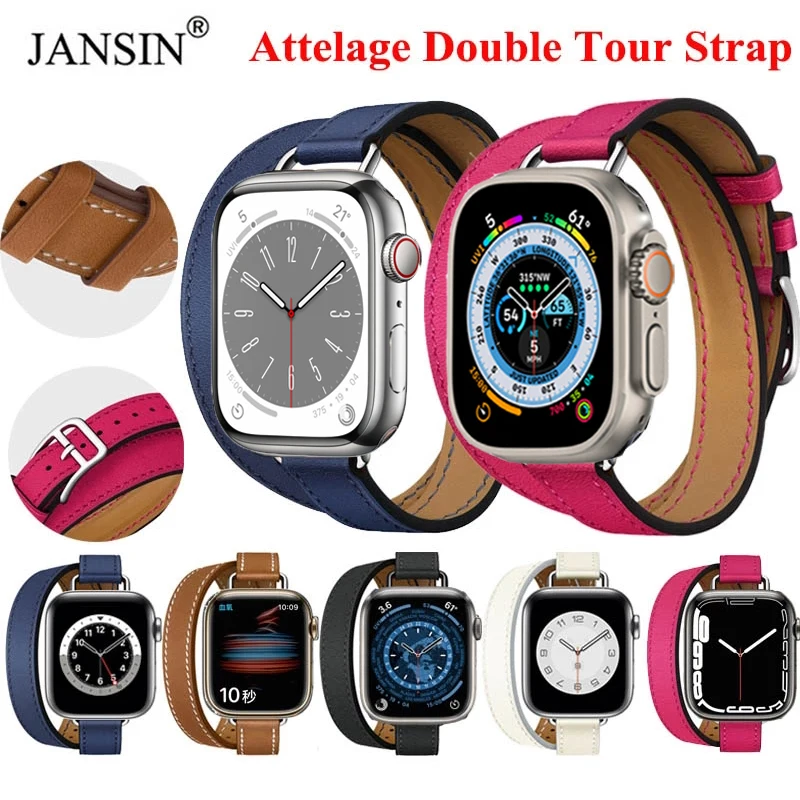 Leather Double Tour Strap For Apple Watch Band Ultra 49mm Sport Bracelet For iWatch 8 7 6 SE 40/44mm 41mm 45mm 38/42mm Watchband