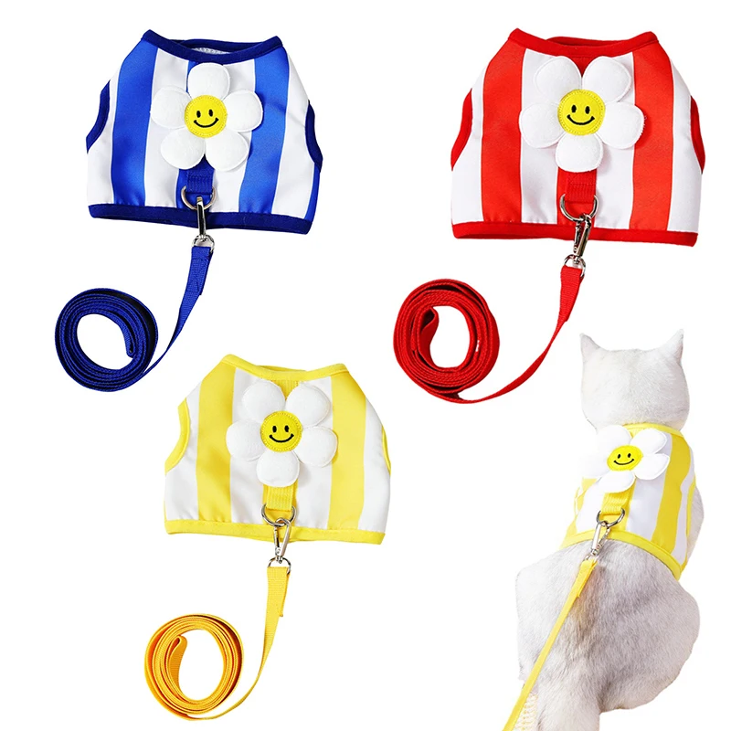 

Soft Breathable Dog Harness Leash Set Adjustable Cat Puppy Chest Strap With Flower Pet Outdoor Walking Lead Striped Dogs Clothes