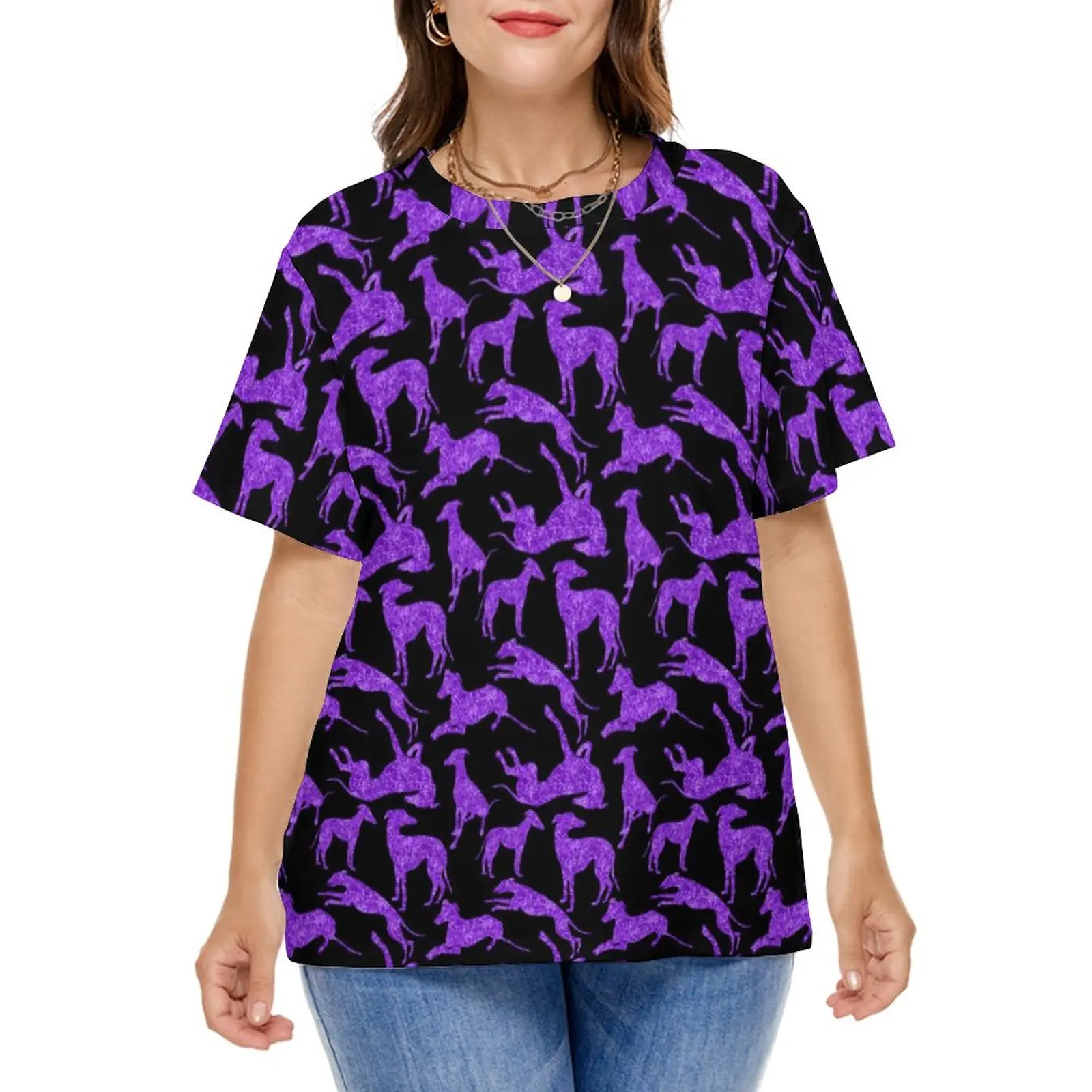 Purple Animal Silhouette T-Shirt Greyhounds Print Trendy T-Shirts Short Sleeve Casual Tshirt Woman Beach Clothing Plus Size 5XL