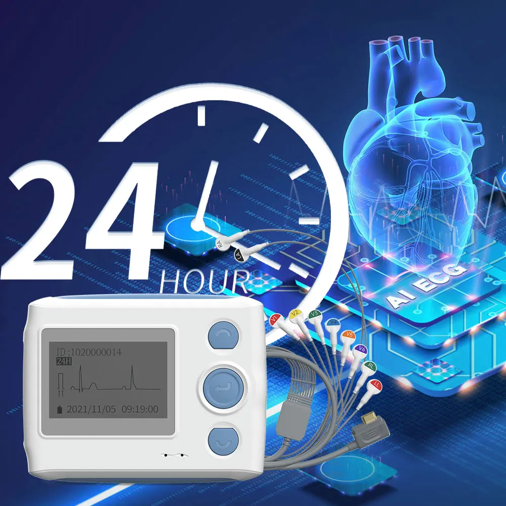 

24-Hour ECG Monitor 12 Leads Holter Monito AI-ECG Analysis AI-Generated Report PVC Ventricular Rhythm HRV LCD Screen