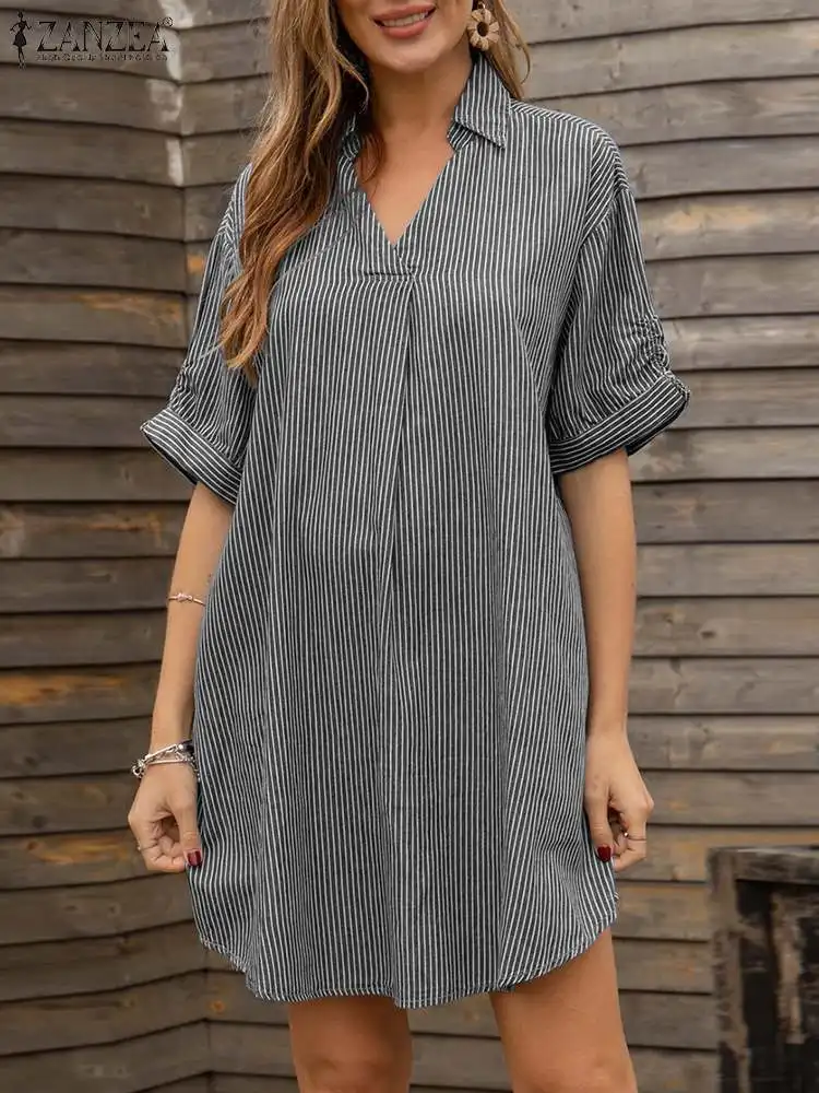 

ZANZEA Women Summer Stripe Dresses V Neck Short Sleeve Robe Femme Causal Loose Holiday Dress Female Work Sundress OL Vestidos